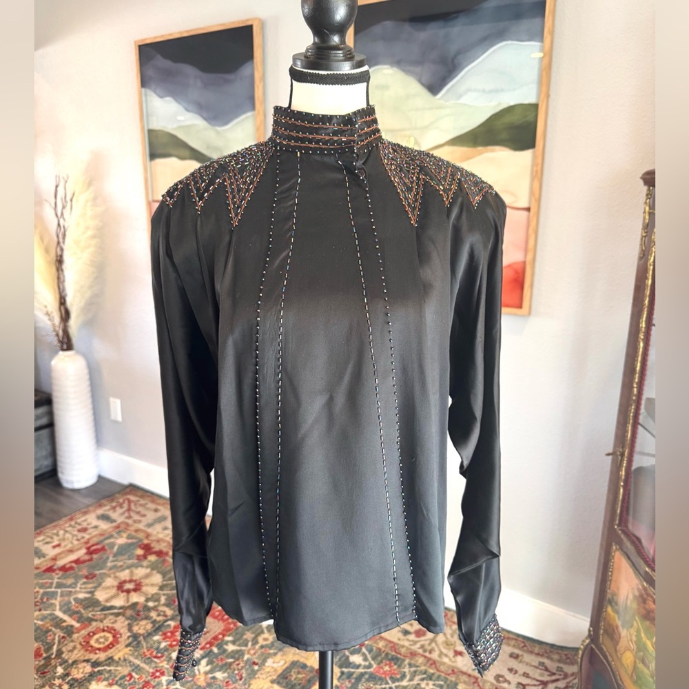 Lillie Rubin Black Silk Blouse with Beaded Accents